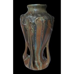 Denbac Vase In Flamed Stoneware With Coulure Decoration Art Nouveau Organic Shapes