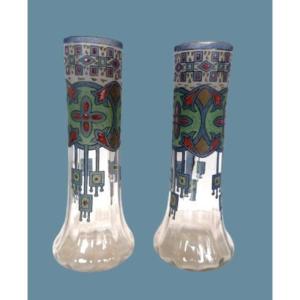 Pair Of Art Deco Enamelled Glass Vases