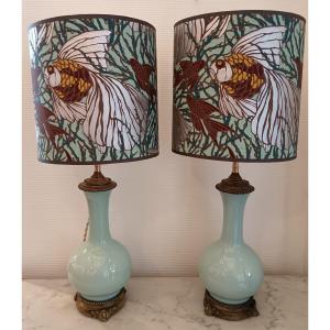 Pair Of Opaline Glass Oil Lamps With Lampshades