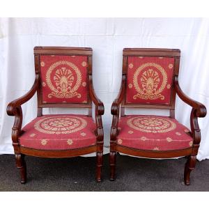Pair Of Mahogany Armchairs With Restoration Period Tapestry