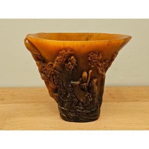 Chinese Libation Cup Made Of Buffalo Horn