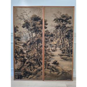 China, 2 Wall Panels, Painting On Silk.