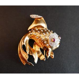 Ruby And Diamond Fish Brooch, Platinum And 18 Carat Yellow Gold.