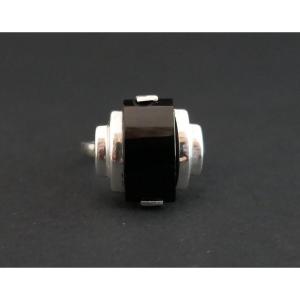 Silver Ring, Art Deco, Black Stone.