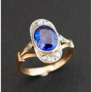 Old Gold And Platinum Ring, Adorned With A Verneuil Sapphire And Rose Cut Diamonds.