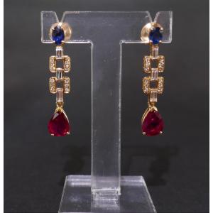 Pair Of Sapphire, Diamond And Ruby Earrings, 18k Gold.