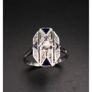 Art Deco Ring With Calibrated Diamonds And Sapphires, 18 Carat White Gold.