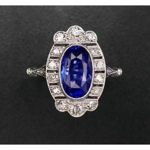 Art Deco Ring Natural Unheated Sapphire And Diamonds, Certificate.