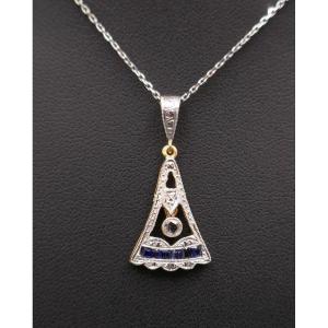 Art Deco Calibrated Diamond And Sapphire Pendant, 18k Gold.