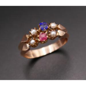 Antique Horse Head Hallmark Ring, Red And Blue Stones And Pearls.