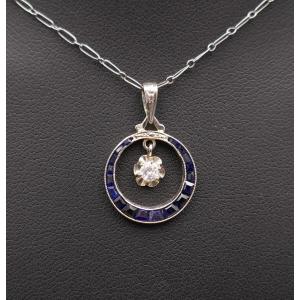 Art Deco Diamond And Calibrated Sapphire Chain And Pendant.