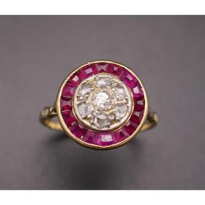 Art Deco Ring With Calibrated Diamonds And Rubies.