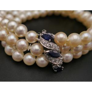 3-row Bracelet Of Cultured Pearls, Sapphires And Diamonds.