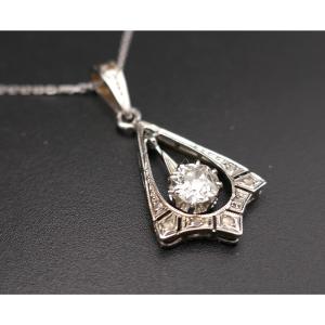 Art Deco Diamond Pendant 0.53 Ct Gold And Platinum, Gold Chain.