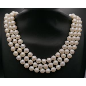 3-row Cultured Pearl Necklace, 18k White Gold Clasp And Pearl.