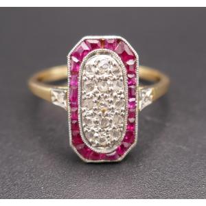 Art Deco Ring With Calibrated Diamonds And Rubies.