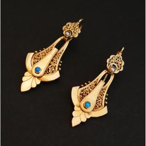 Napoleon III Earrings In Rose Gold, Pearls And Turquoise.