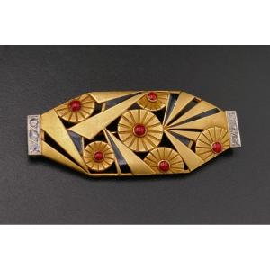 Art Deco Plaque Brooch, Coral, Onyx And Diamonds.
