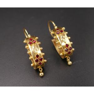 Antique Fishhook Earrings, Garnet, 18k Gold.