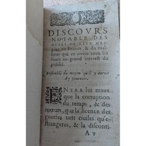 Notable Speech On Duels. J. De La Taille. 1607.