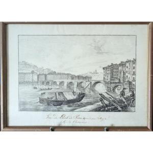 View Of The Pont Du Change. Lyon. 19th Century Drawing.