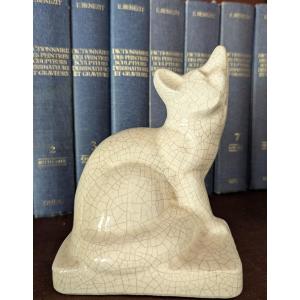 Art Deco Cat In Crackled Earthenware. Fontinelle.