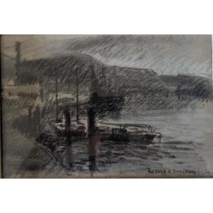 Robert Antoine Pinchon. (rouen School). Banks Of The Seine And Barges. Charcoal