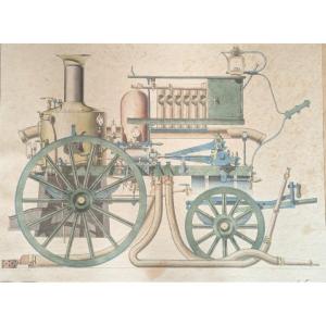 Watercolor Drawing. Steam Fire Engine. 1884.