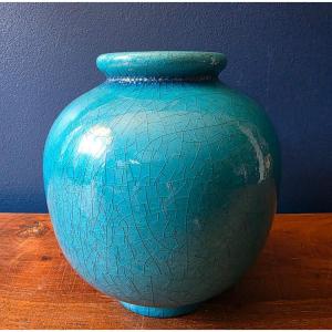 Art Deco Crackled Earthenware Ball Vase. Blue "deck"
