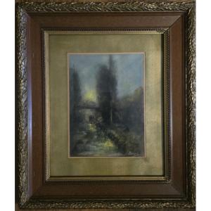 Léonard Bordes. Rouen School. Undergrowth Landscape. Pastel.