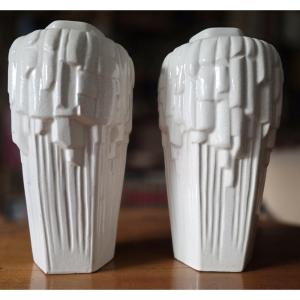 Pair Of Art Deco Earthenware Vases In Crackled Earthenware.