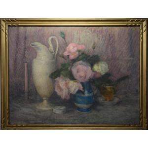 Hippolyte Madelaine. Rouen School. Vase Of Roses. Pastel.
