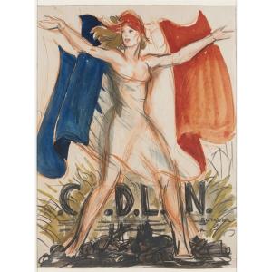 Pierre Le Trividic. (rouen School). Poster Design For The Liberation. Original Watercolor.