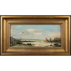 French School, 19th Century. Ships On The Coast. Oil On Panel