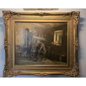 André Albert Leroux. Farmhouse Interior Scene. Oil On Canvas