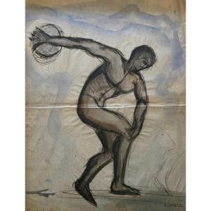 Pierre Le Trividic. The Discobolus. Watercolor And Charcoal.