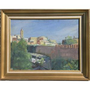 Orientalist School. Ramparts And Minaret. Oil On Panel.