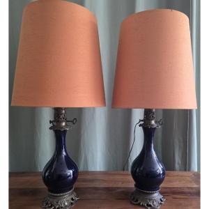 Pair Of Sèvres Blue Porcelain Lamps.