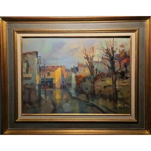 R. Chaumier. Village Street. Oil On Canvas.