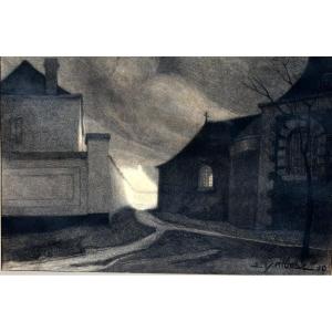 Table Drawing View Of Village Signed Early 20th Century