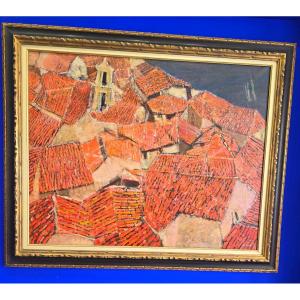 Painting View Of Roofs On The Shores Of Lake Geneva Signed Le Guen