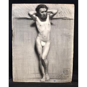 Antique Pencil Drawing Of An Academic Nude Man Signed Gaston Hoffmann, 19th Century