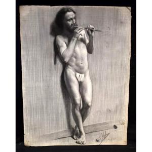Antique Pencil Drawing Of An Academic Nude Man Signed Gaston Hoffmann, 19th Century