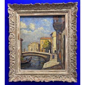 Ferdinand Olivier ( 1873 - 1957) - Bridge At Martigues - Oil Painting Light Provence