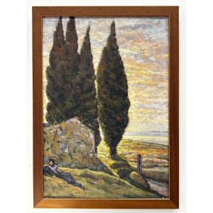 Ferdinand Olivier ( 1873 - 1957) Les Cyprès 1922 - Painting Oil On Canvas Provence