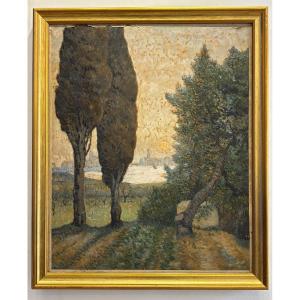 Ferdinand Olivier ( 1873 - 1957) Sunset - Oil On Canvas Pointillism