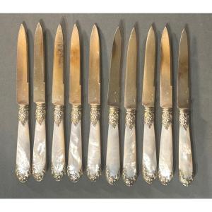 Henri Soufflot Goldsmith - Suite Of 10 Silver Vermeil And Mother-of-pearl Fruit Knives