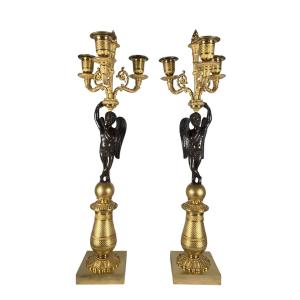 Pair Of Restoration Period Candelabra In Gilt Bronze And Brown Patina