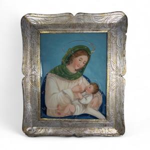Fixed Under Glass, Late 18th Century, Depicting The Breastfeeding Of The Child Jesus By Mary
