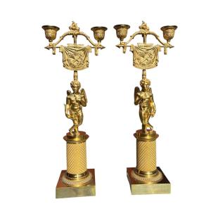 Pair Of Gilt Bronze Candelabra With Cupids, Early 19th Century Empire Period
